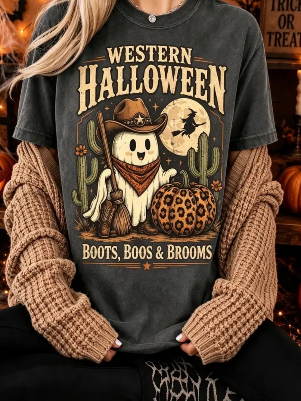 Western Halloween Graphic Tee - Gray with Brown Accents